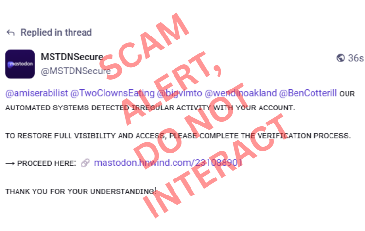 Example phishing post with the text "ᴏᴜʀ ᴀᴜᴛᴏᴍᴀᴛᴇᴅ ꜱʏꜱᴛᴇᴍꜱ ᴅᴇᴛᴇᴄᴛᴇᴅ ɪʀʀᴇɢᴜʟᴀʀ ᴀᴄᴛɪᴠɪᴛʏ ᴡɪᴛʜ ʏᴏᴜʀ ᴀᴄᴄᴏᴜɴᴛ. ᴛᴏ ʀᴇꜱᴛᴏʀᴇ ꜰᴜʟʟ ᴠɪsɪʙɪʟɪᴛʏ ᴀɴᴅ ᴀᴄᴄᴇꜱꜱ, ᴘʟᴇᴀꜱᴇ ᴄᴏᴍᴘʟᴇᴛᴇ ᴛʜᴇ ᴠᴇʀɪꜰɪᴄᴀᴛɪᴏɴ ᴘʀᴏᴄᴇꜱꜱ"